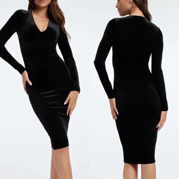 Good American Black Velvet Plunge Midi Dress XL Long Sleeve Bodycon Cocktail - Picture 1 of 14